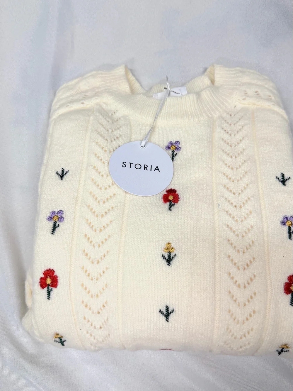 Storia Cream Embroidered Cable-Knit Crew Sweater with Waist Tie